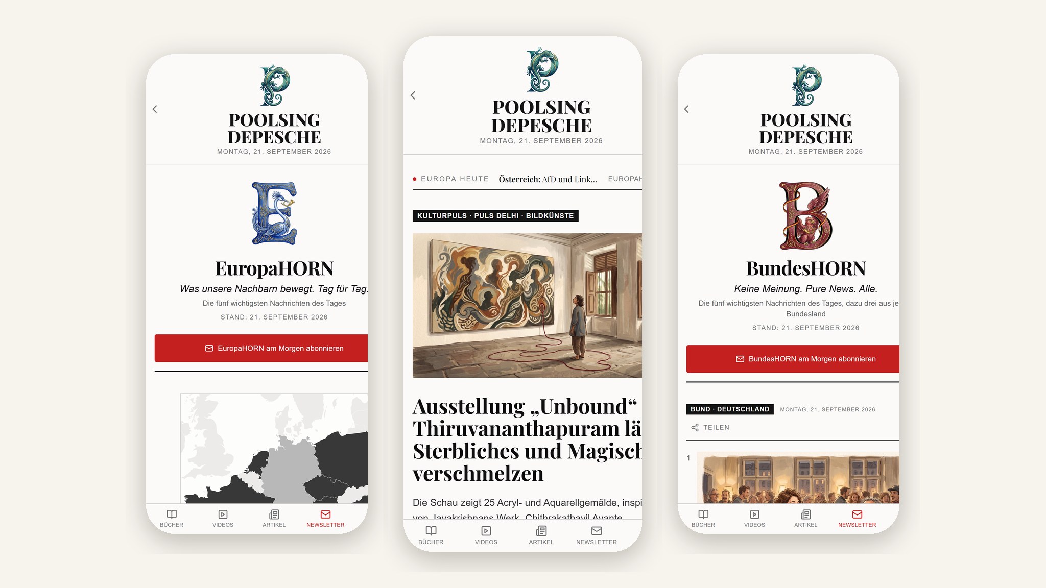 Drei Bildschirme der Poolsing-Depesche-App: EuropaHORN, Startseite und BundesHORN