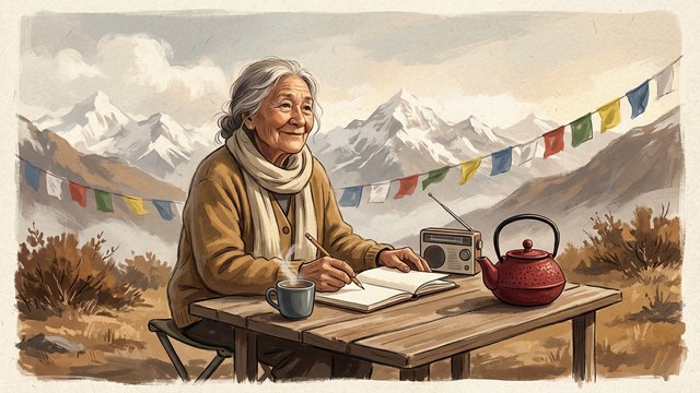 Die Krümmerin mit Radio, Tee und Bleistift