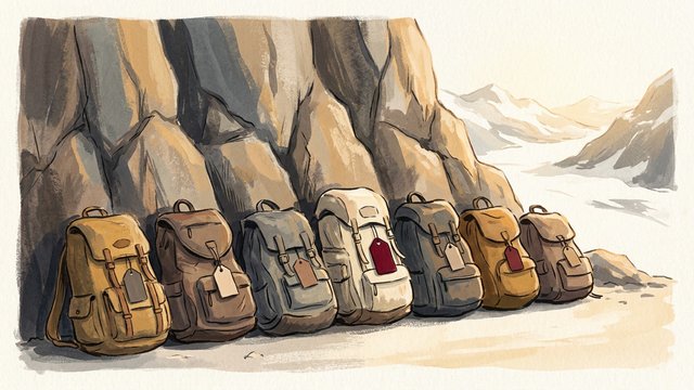 Sieben Rucksäcke an der Felswand